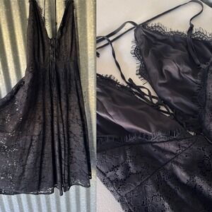 Lulus black lace up midi slip dress front plunging neck Medium romantic Goth
